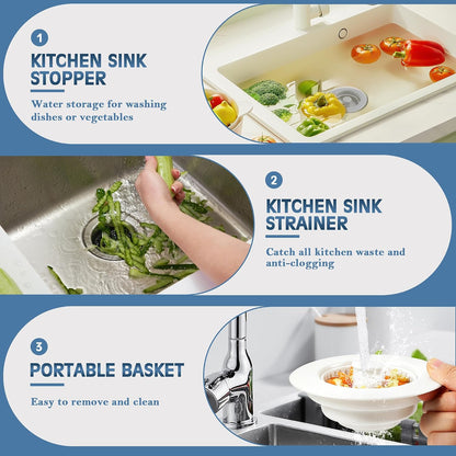 Sink Drain Strainer 3 in 1, 304 Stainless Steel Pop Up Kitchen Sink Stopper with Anti-Clogging Basket, Kitchen Essential Drain Anti-Clog Gadgets, Fits US Standard 3-1/2'' Sink Drain (SUS 304 Brushed)