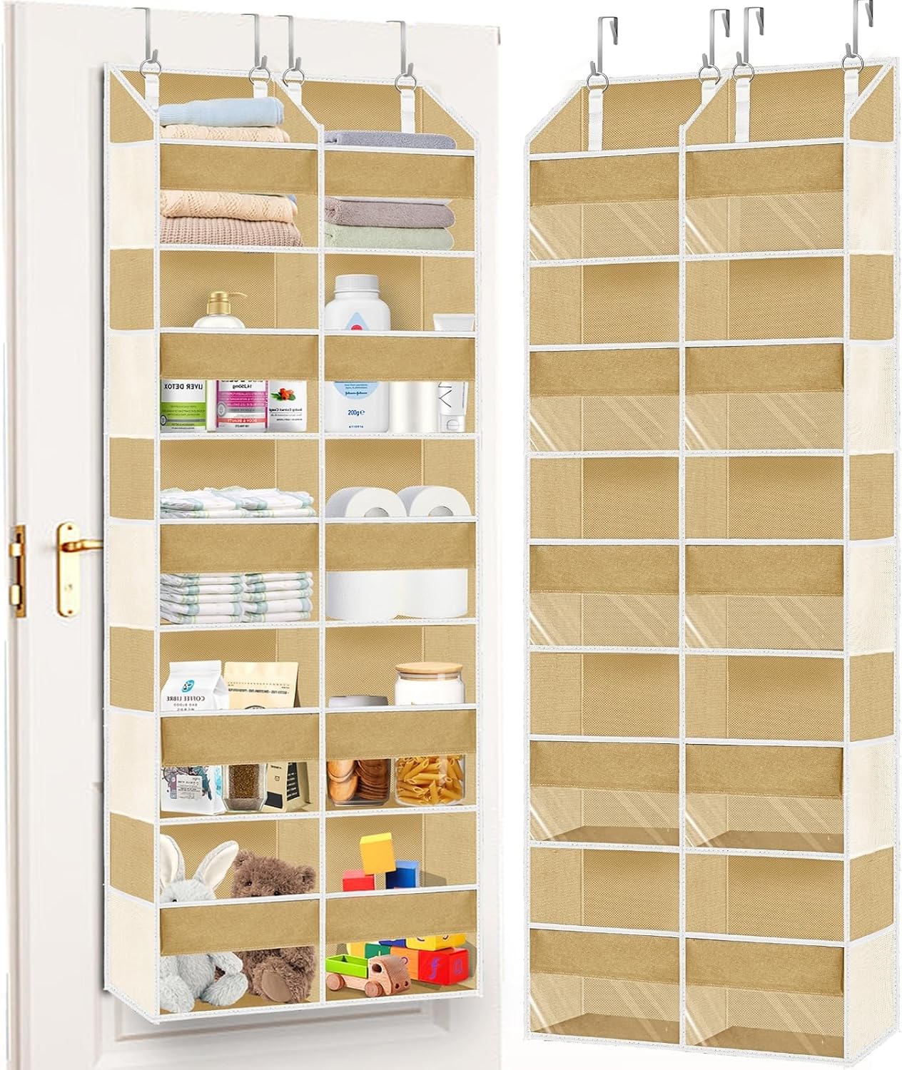 Over The Door Organizer, 5-Tier Extra Large Behind Door Storage with 10 Big Front & 10 Mesh Pockets, 80lb Capacity, Hanging Storage Organizer with Clear Window Kids Toys, Shoes, Diapers, Light Grey