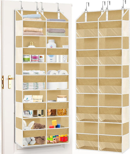 Over The Door Organizer, 5-Tier Extra Large Behind Door Storage with 10 Big Front & 10 Mesh Pockets, 80lb Capacity, Hanging Storage Organizer with Clear Window Kids Toys, Shoes, Diapers, Light Grey