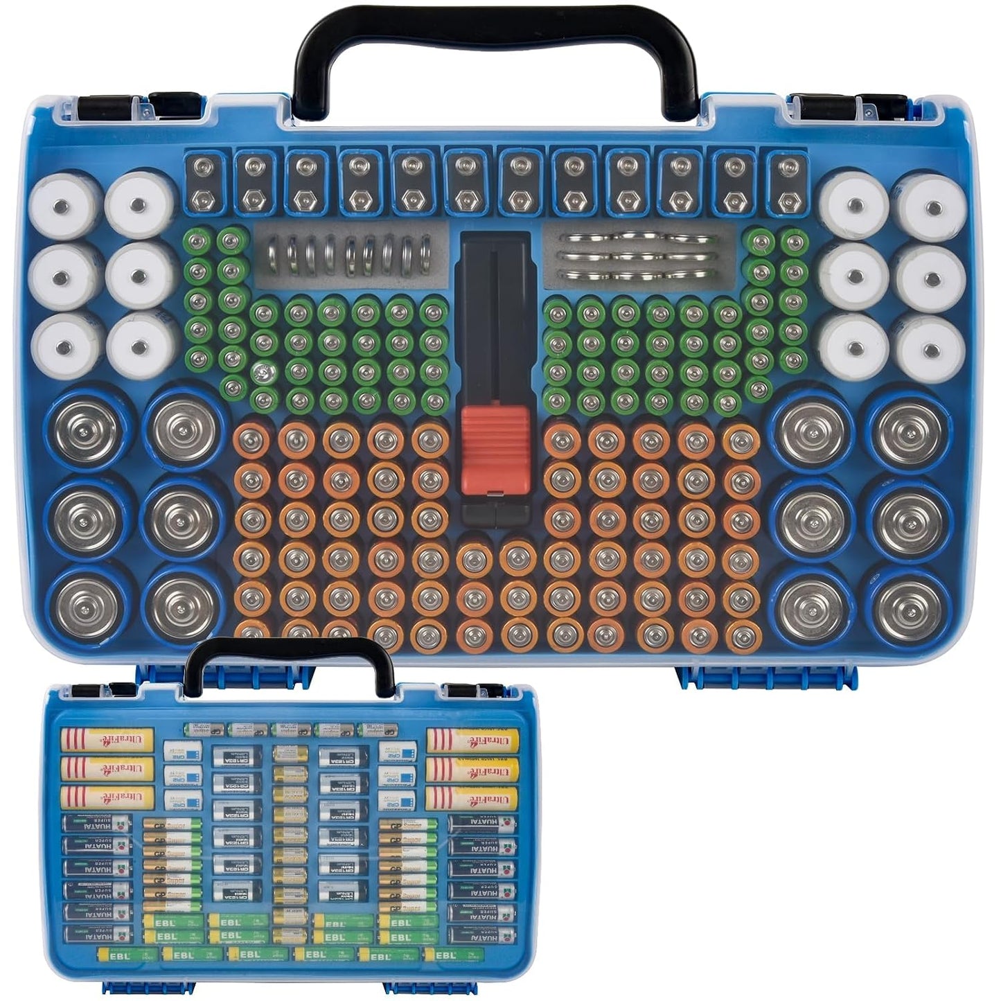 FULLCASE Double-Sided Battery Storage Organizer Case with BT-168 Tester, Holds 269, Fits AA AAA AAAA C D 9V 18650 CR123A CR2 23A 4LR44 and Coin Cells, Water-Resistant, Portable Handle - Deep Blue
