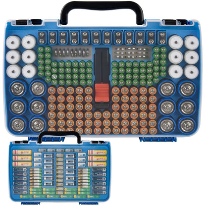 FULLCASE Double-Sided Battery Storage Organizer Case with BT-168 Tester, Holds 269, Fits AA AAA AAAA C D 9V 18650 CR123A CR2 23A 4LR44 and Coin Cells, Water-Resistant, Portable Handle - Deep Blue