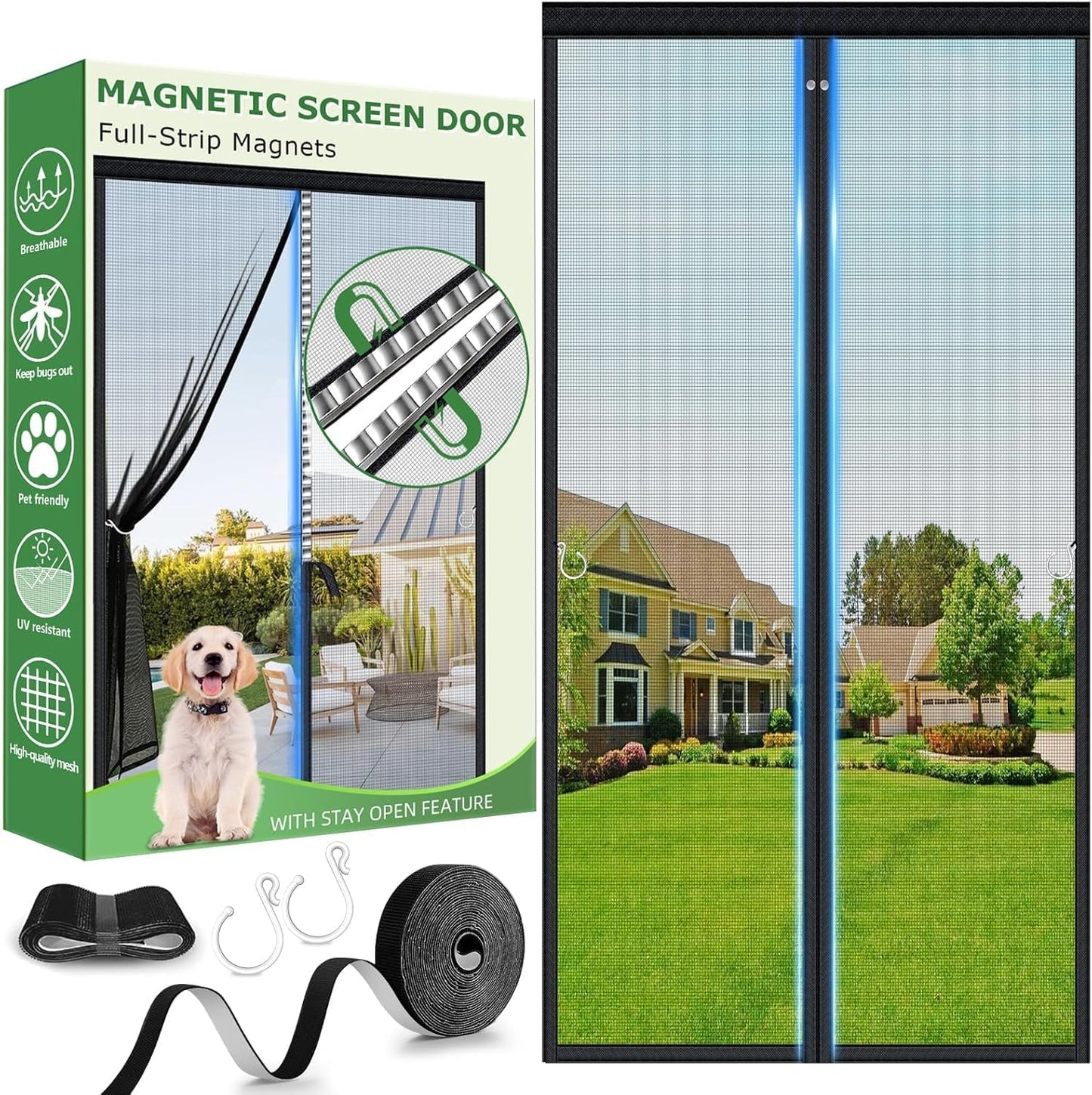 HOFUDON Upgraded Magnetic Screen Door Mesh, Full Strip Magnets, Heavy Duty Fiberglass Mesh, Door Screen Magnetic Closure for Single Door Size 32 x 80 Inch, Screen Door Size 35 x 82 Inch Black