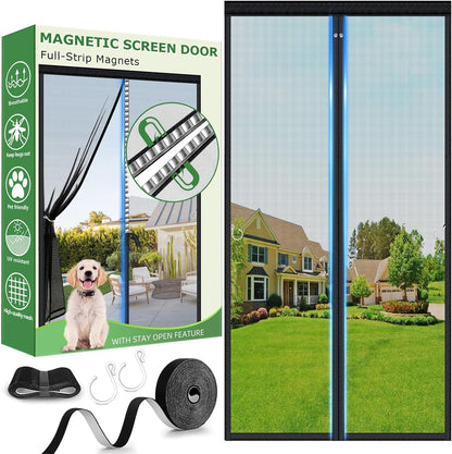 HOFUDON Upgraded Magnetic Screen Door Mesh, Full Strip Magnets, Heavy Duty Fiberglass Mesh, Door Screen Magnetic Closure for Single Door Size 32 x 80 Inch, Screen Door Size 35 x 82 Inch Black