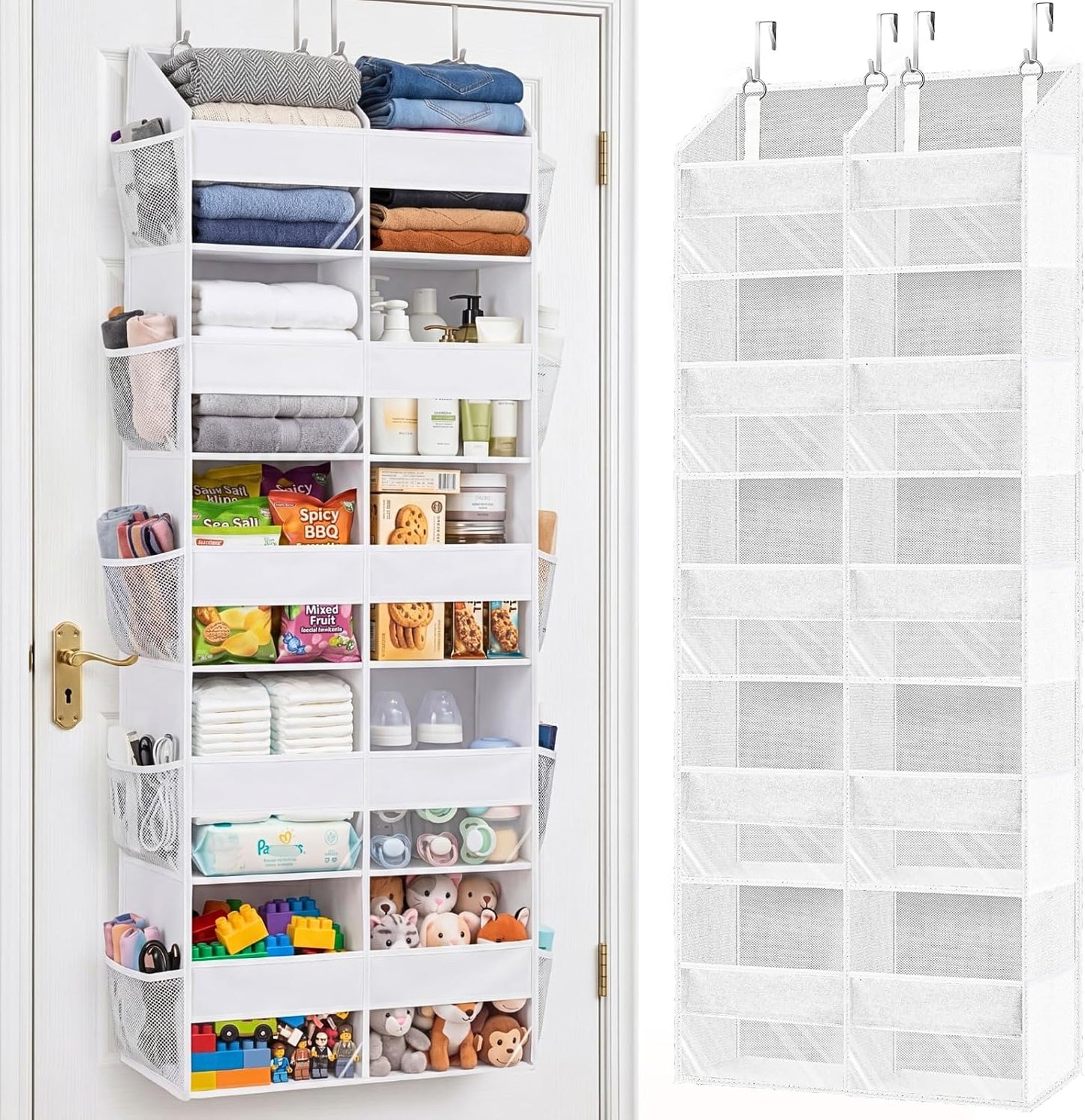 Over The Door Organizer, 5-Tier Extra Large Behind Door Storage with 10 Big Front & 10 Mesh Pockets, 80lb Capacity, Hanging Storage Organizer with Clear Window Kids Toys, Shoes, Diapers, Light Grey