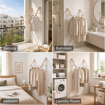 LEQ Clothes Drying Rack Wall Mounted, Foldable Laundry Drying Rack with Wood-Tone Aluminum Frame, Rustproof Retractable Clothes Hanger for Small Laundry Room, Bathroom, Balcony,White