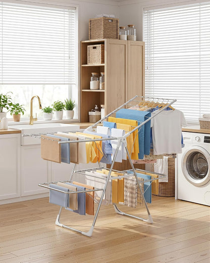 Sakugi Clothes Drying Rack, Foldable 2-Level Laundry Drying Rack with Height-Adjustable Wings, for Clothing & Bedding, Free-Standing Space-Saving Rack, Indoor & Outdoor, 55.5" L × 22.8" W, Gray