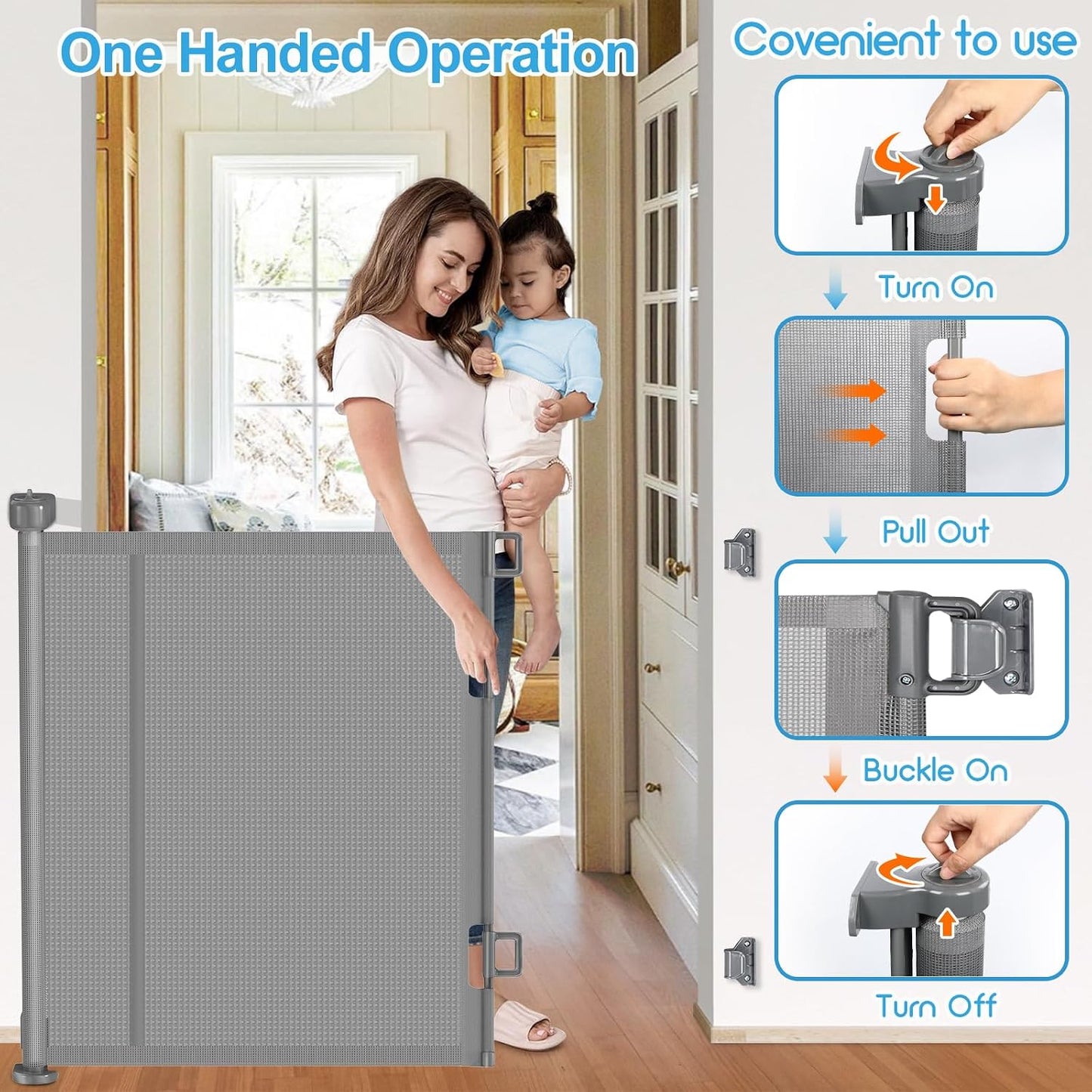 71 inch Retractable Baby Gates, EZIGO Extra Wide Baby Gate for Large Opening Extra Long Mesh Gate for Kids or Pet Dog Gate Child Safety Gate for Stairs Hallways Doorway Indoor Outdoor, Gray