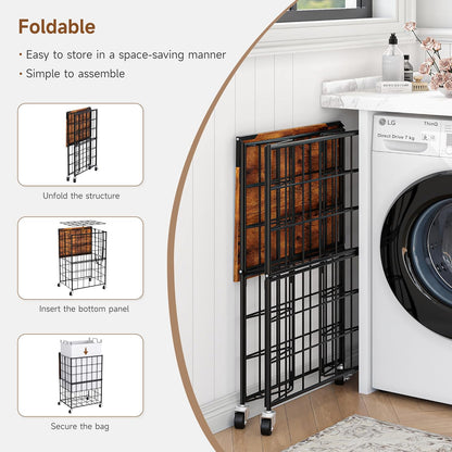 Laundry Basket with Wheels, Heavy Duty Laundry Sorter 2 Sections, 120L (32Gal.) Large Capacity Laundry Hamper with Wood Lid, 360 Rolling Wheels, Extra Side Pocket, Leather Pull Handle, Beige