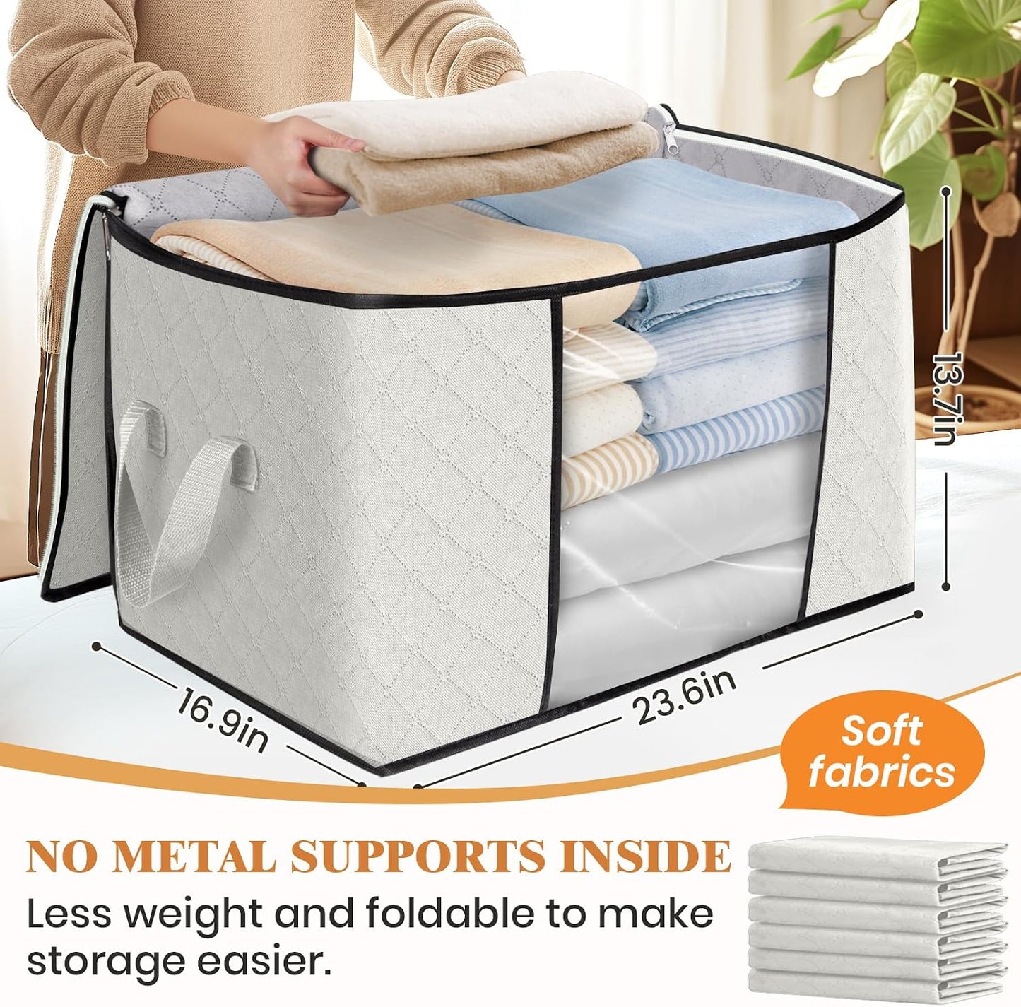 Fab totes 6 Pack Storage Bags for Clothes and Blanket, Foldable Closet Organizers and Storage with Zippers, Clear Window and Handles, Fabric Storage Bins for Sweater, Comforter, Bedding,Linen Sheets
