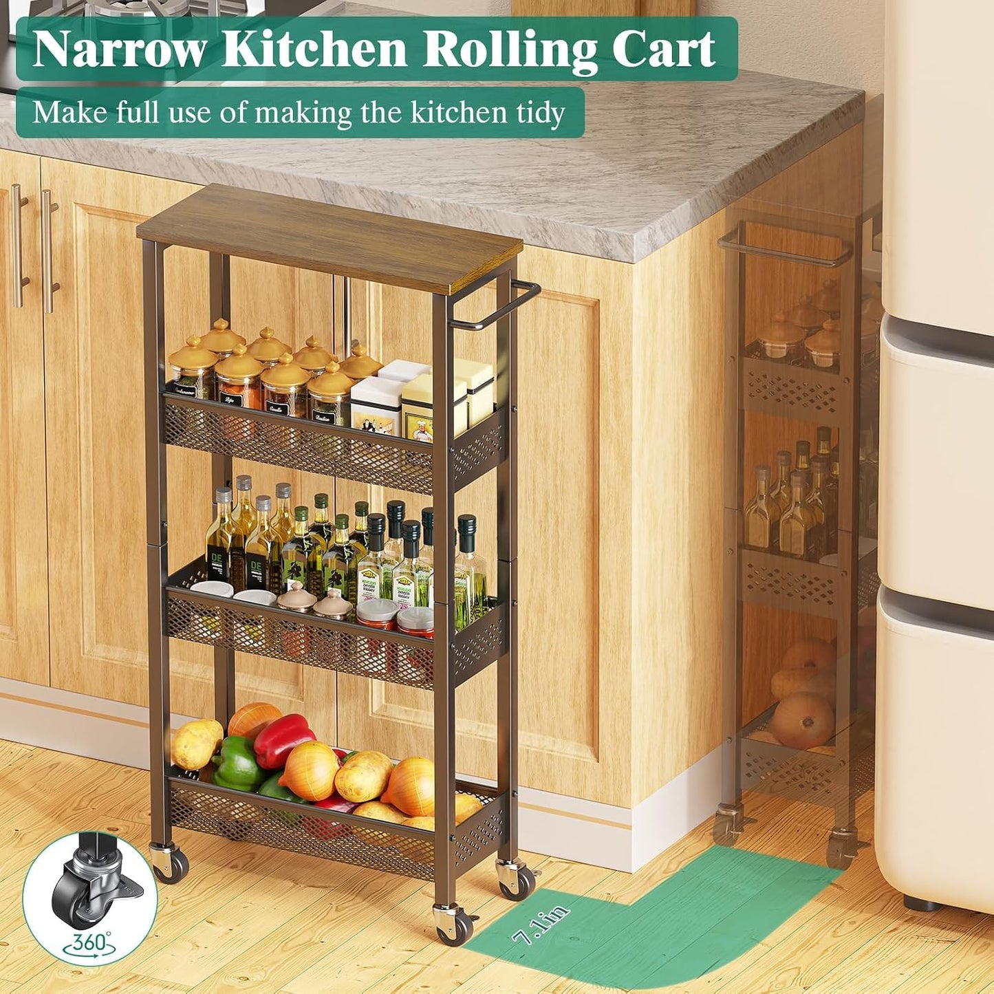 Giwil Slim Storage Cart 5 Tier Narrow Kitchen Rolling Cart on Wheels for Small Space, Metal Utility Cart Narrow Bathroom Storage Cabinet Mobile Shelf Unit Organizer with Wood Top and Handle, Black