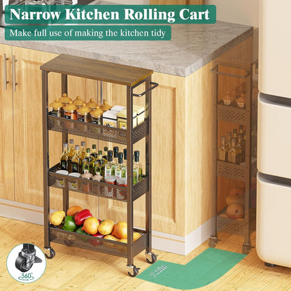 Giwil Slim Storage Cart 5 Tier Narrow Kitchen Rolling Cart on Wheels for Small Space, Metal Utility Cart Narrow Bathroom Storage Cabinet Mobile Shelf Unit Organizer with Wood Top and Handle, Black