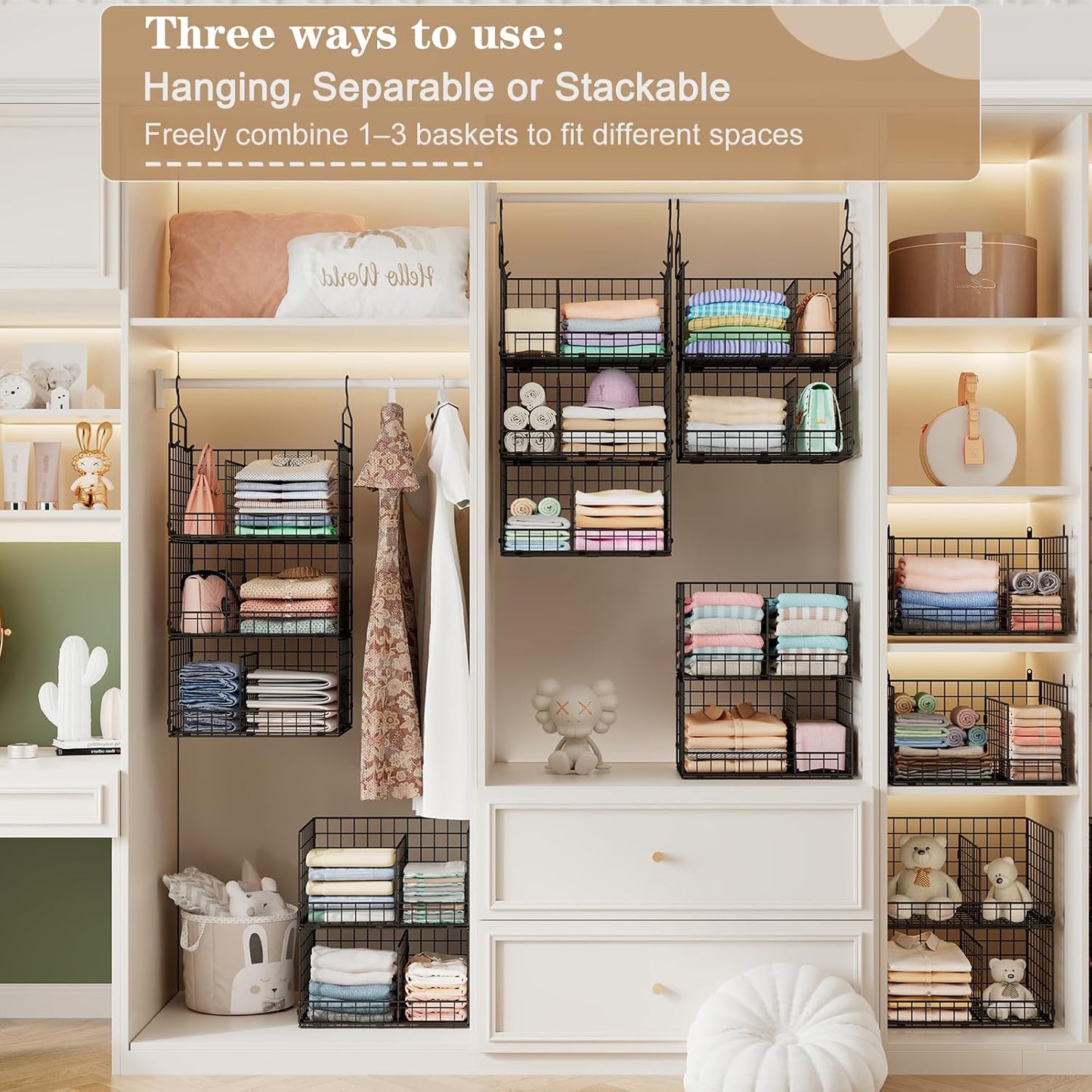 Sonyabecca 3-Tier Hanging Closet Organizers and Storage, Foldable Stackable Wire Basket Bins with 5 S Hooks, Space-Saving Hanging Closet Shelf for Clothing, Sweaters, Handbags, Hats,Purse