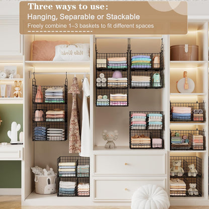 Sonyabecca 3-Tier Hanging Closet Organizers and Storage, Foldable Stackable Wire Basket Bins with 5 S Hooks, Space-Saving Hanging Closet Shelf for Clothing, Sweaters, Handbags, Hats,Purse