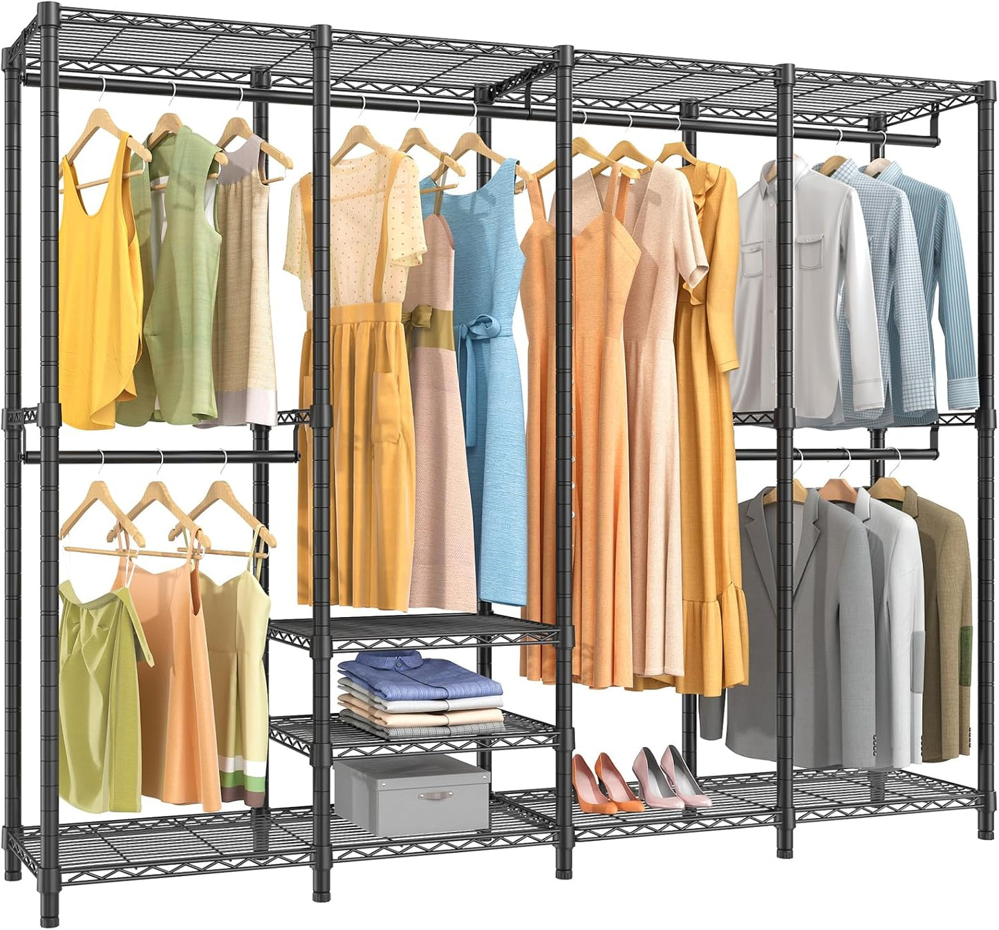 VIPEK V40 Heavy Duty Clothes Rack, 1110lbs Capacity Sturdy Metal Garment Rack, Clothing Rack with 6 Shelves & 4 Hang Rods, Adjustable Open Wardrobe Closet Organizer for Bedroom/Apartment/Retail, Black