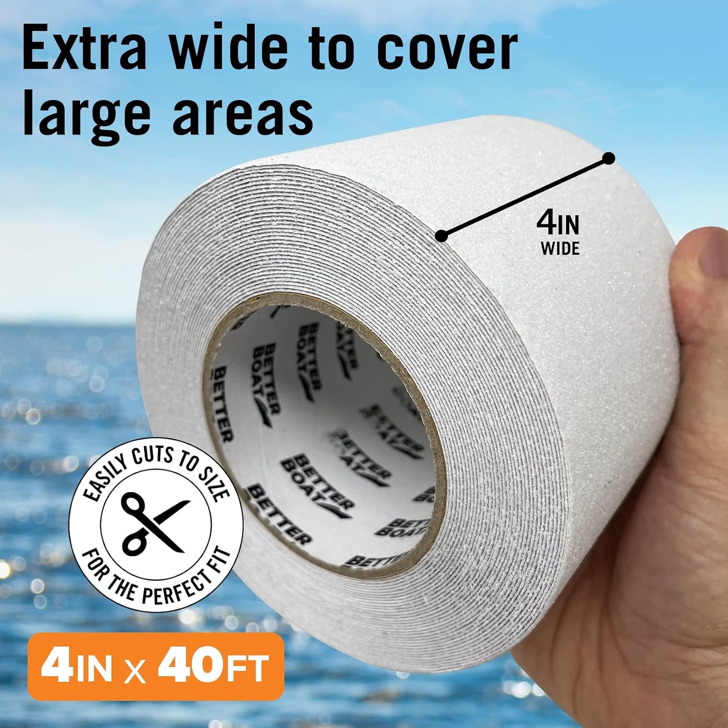 Better Boat Anti Slip Tape for Outdoor Stair Treads, Non-Skid Grip for Stairs and Steps, 4" x 40ft Roll, Clear Waterproof Traction, Weather-Resistant Friction Floor Tread for Dogs and Steps