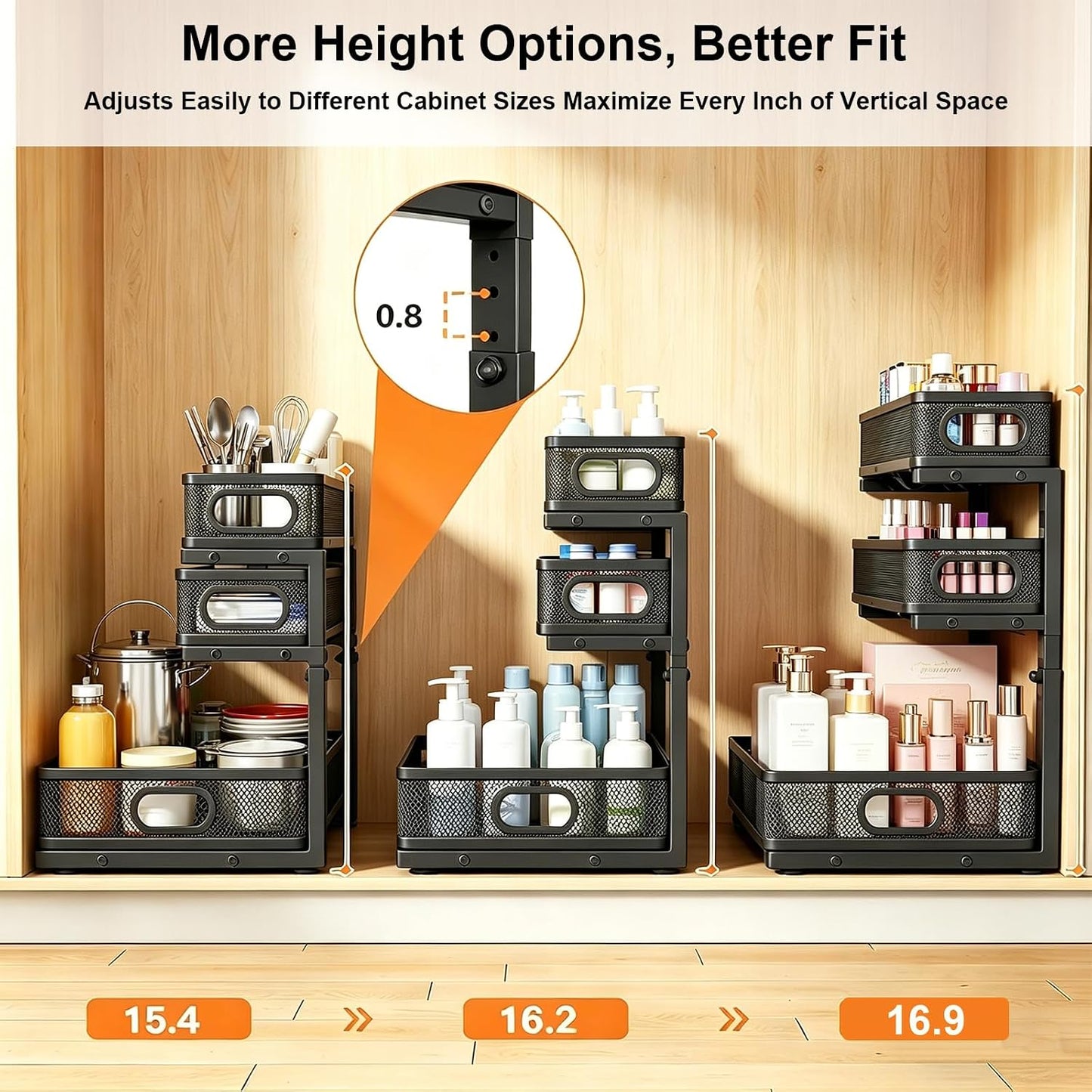 2 Pack Under Sink Organizer, 3-Tier Pull Out Kitchen Cabinet Organizer with 5 Adjustable Heights Metal Slide Out Bathroom Storage Makeup Drawer Rack for Bedroom Office Pantry Home Organization, White