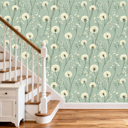 Dandelion Floral Peel and Stick Wallpaper Green Self Adhesive Removable Vinyl Wallpaper Botanical Floral Watercolor Boho Accent Wall for Bedroom Living Room Nursery 17.7" X 118"