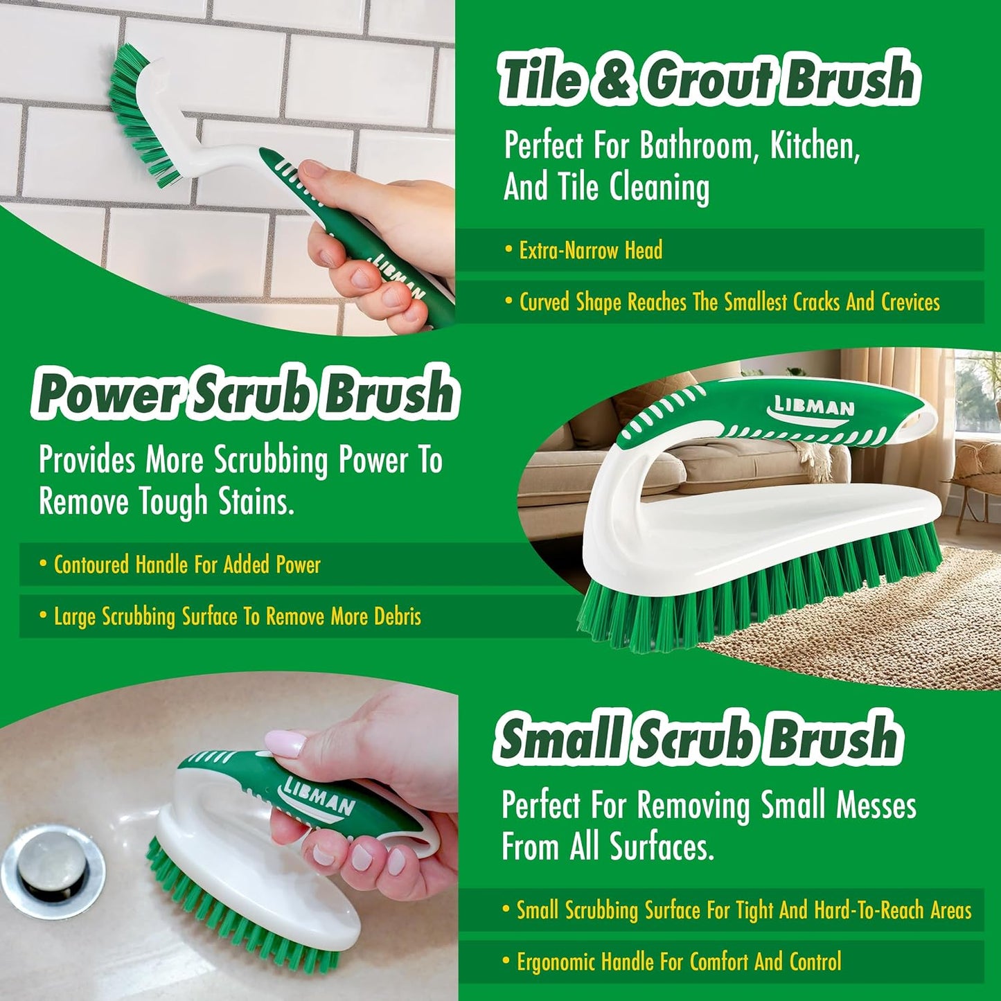 Libman Heavy Duty Scrub Brush Kit | Cleaning Brushes for Household Use | Tub Scrubber | Easy Grip Scrub Brush | Big Job Kitchen Brush | Dual Sided Tile & Grout Brush | 3 Different Brushes Included