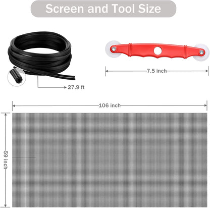 Window Screen Replacement Kit, 48'' x 99'' Fiberglass Screen Mesh with Rolling Tool and Screen Retainer Spline, DIY Adjustable Screen Door Mesh for Window, Door and Patio, Black