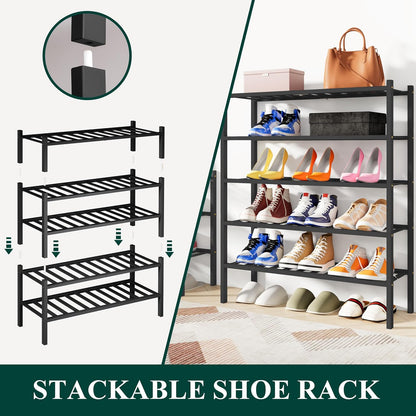 Smiry Bamboo Shoe Rack, 3 Tier Free Standing Wooden Shoe Organizer, Stackable Wood Shoe Storage Shelf for Closet, Entryway, 12 Vertical Slats, 2+1 Stack Standard Legs, 26.8"x11"x19.5", Natural