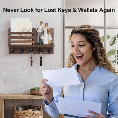 Lwenki Key Holder for Wall – Decorative Wooden Mail Holder and Key Shelf with Mounting Hardware, Installation Guide – Paulownia Wood with Metal Key Hooks (Black, Large - 11.8inch)