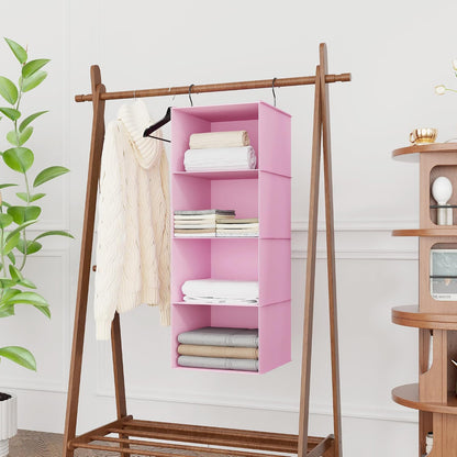 Hanging Closet Organizer 3-Shelf, Oxford Fabric Wardrobe Storage, Gray | Easy-mount foldable design holds clothes, handbags, shoes & accessories; washable Oxford fabric, sturdy and space-saving.