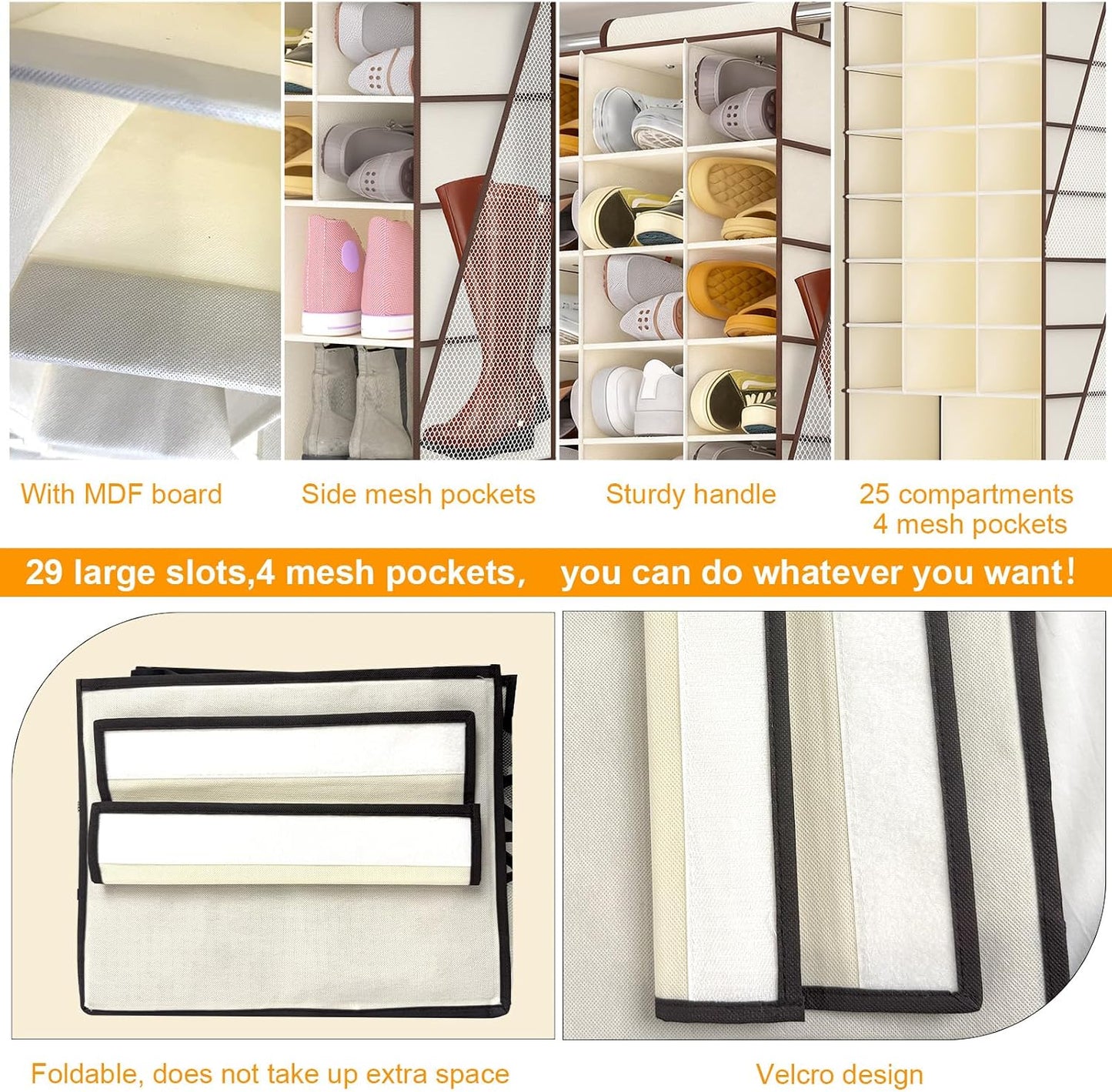Hanging Shoe Organizer for Closet with 8 Shelves,Mesh Pockets-Wider Hanging Shelves for Shoes,Clothes,Hats with Sturdy Bamboo-Supported Design (Beige)