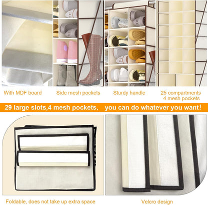 Hanging Shoe Organizer for Closet with 8 Shelves,Mesh Pockets-Wider Hanging Shelves for Shoes,Clothes,Hats with Sturdy Bamboo-Supported Design (Beige)
