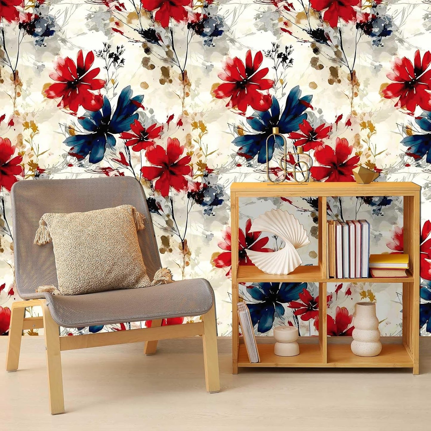 Red Watercolor Floral Peel and Stick Wallpaper Removable Self Adhesive Floral Wall Covering for Living Room Bedroom Accent Wall 17.7 x 70.8 in
