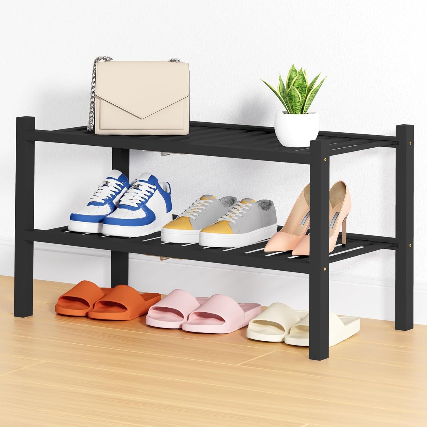 Smiry Bamboo Shoe Rack, 3 Tier Free Standing Wooden Shoe Organizer, Stackable Wood Shoe Storage Shelf for Closet, Entryway, 12 Vertical Slats, 2+1 Stack Standard Legs, 26.8"x11"x19.5", Natural