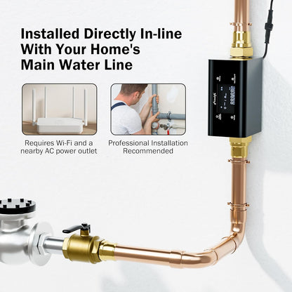Frizzlife LP365-P Smart Water Monitor and Automatic Shutoff - 0.01 GPM Ultrasonic Micro Leak Detection, Wi-Fi / APP Control, Pressure+Flow Monitoring, 24/7 Water Usage Reports, Fits 3/4" and 1"