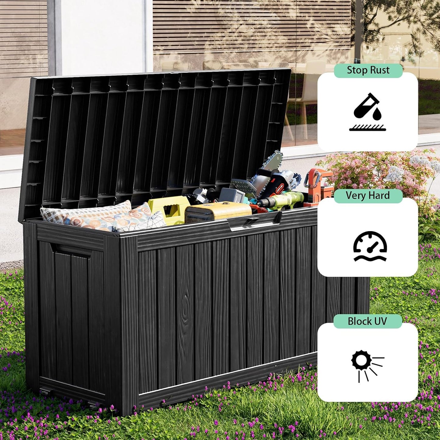EasyUp 35 Gallon Outdoor Storage Box, Outdoor Deck Boxes for Garden Tools Equipment,Cushions and Patio Storage,Lockable and Resin,Easy to Install(Black)