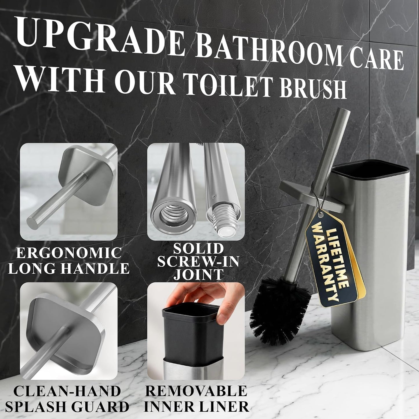 Black Toilet Brush and Holder Set - Slim Matte Design that Fits Anywhere - Stainless Steel Toilet Bowl Brush and Holder with 2 Rounded Corners, Replaceable Head, Removable Inner Bowl & Splash Guard