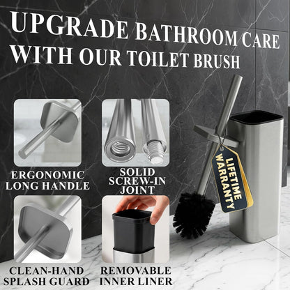 Black Toilet Brush and Holder Set - Slim Matte Design that Fits Anywhere - Stainless Steel Toilet Bowl Brush and Holder with 2 Rounded Corners, Replaceable Head, Removable Inner Bowl & Splash Guard