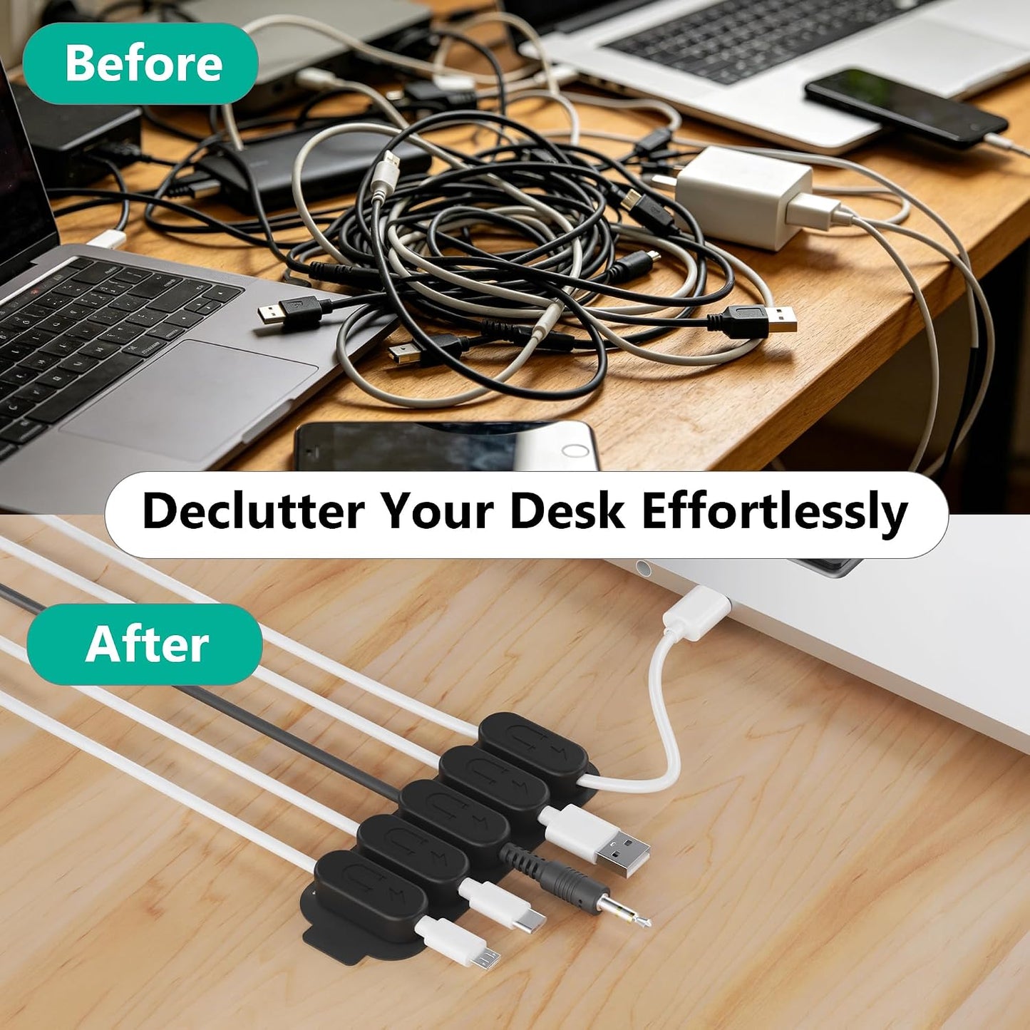Chargeworx Magnetic Cable Clips - Cord Holder Organizer, No Drill Self-Adhesive Base, Cable Organizer, Repositionable Magnetic Clips, 5-Pack, USB-C Lightning Micro-USB, Desk Nightstand Wall Car, Black