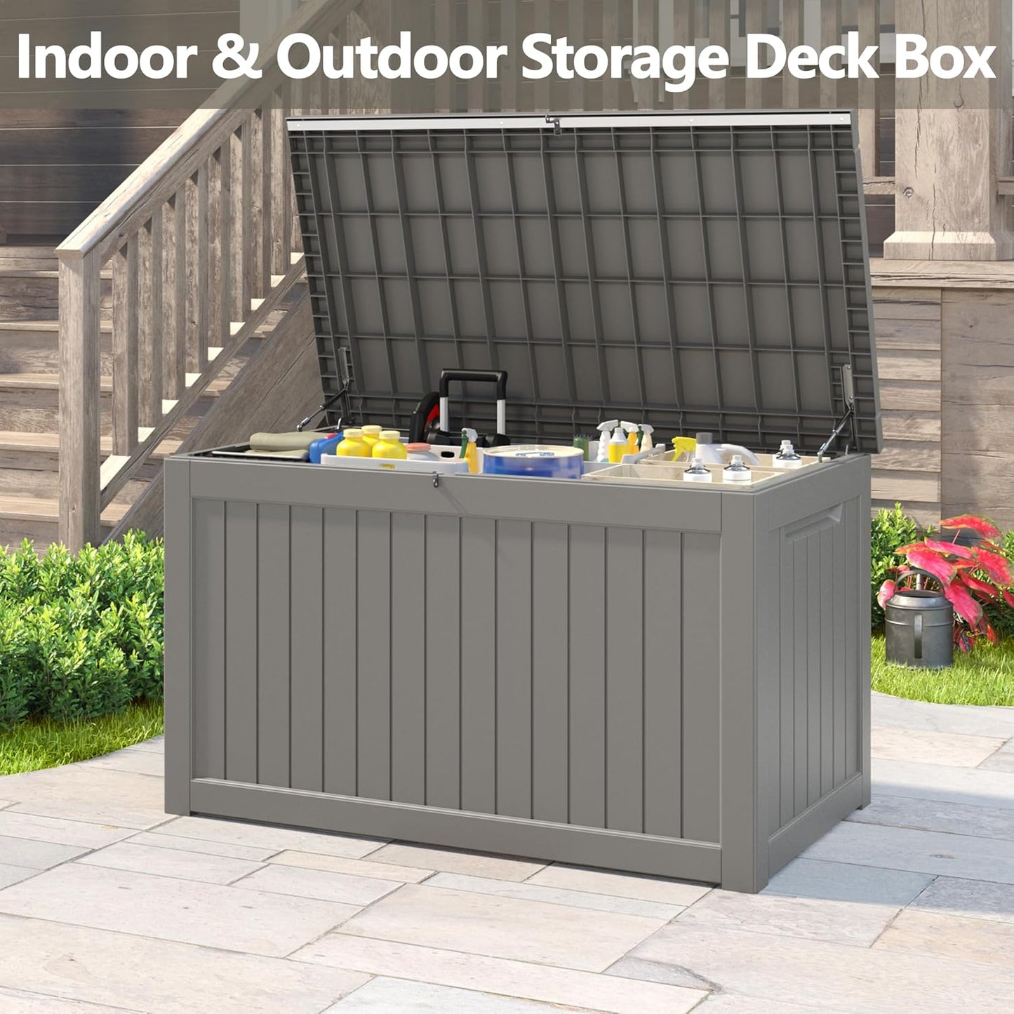 NUNU LAB Outdoor Storage Box, 45 Gallon Outside Deck Box Waterproof, Resin Outdoor Storage Cabinet With Lockable Lid, Backyard Storage Bench For Garden Tools, Patio Cushions, Pool Tools, Black