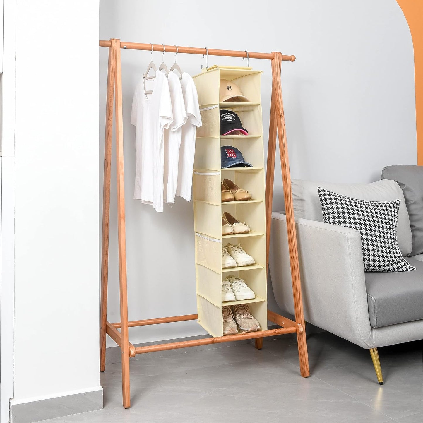Berdeng Hanging Shoe Organizer for Closet with Side Mesh Pockets，Hat Racks for Baseball Caps，Shoe and Hat Holder & Storage，8-Shelf，Gray，1 Pack