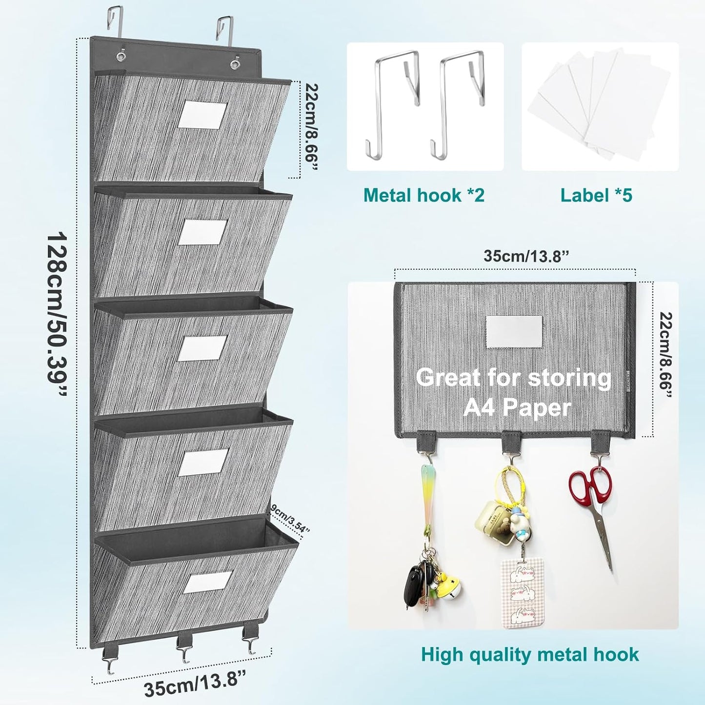 homyfort Over the Door File Organizer, Wall Hanging File Folders with 5 Large Pocket for Mails, Magazines, Back to School Supplies,Office Chart Storage, Paper Organization (Grey)