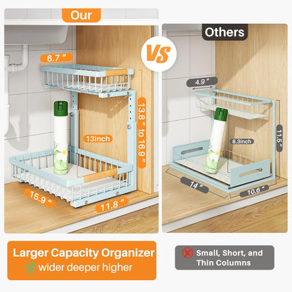 PXRACK Under Sink Organizer, Adjustable Height, 2 Tier Pull Out Under Cabinet Organizer, Slide Out Thickened Metal Under Sink Storage for Kitchen Bathroom Laundry Pantry Cabinet, White, Large-1-Pack