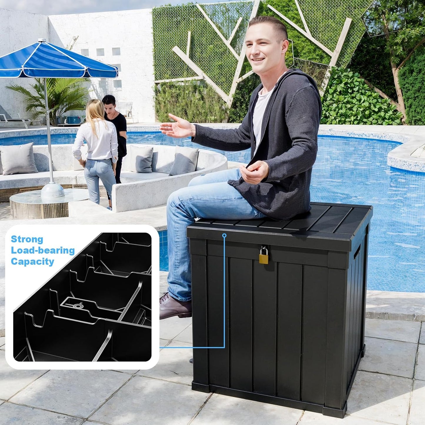 ROJIK 120 Gallon Waterproof Outdoor Deck Storage Box, Lockable Resin Patio Storage Bin with Lid for Garden Tools, Patio Cushions & Outdoor Accessories(Black)
