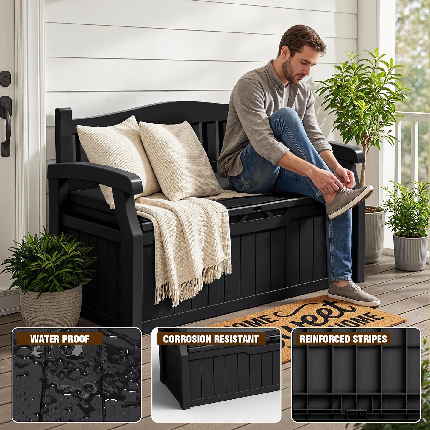 JUMMICO 80 Gallon Resin Outdoor Storage Bench, Large Deck Box with Armrest, Lockable&Waterproof for Garden, Home, Patio, Pools (Black, 80 Gallon)