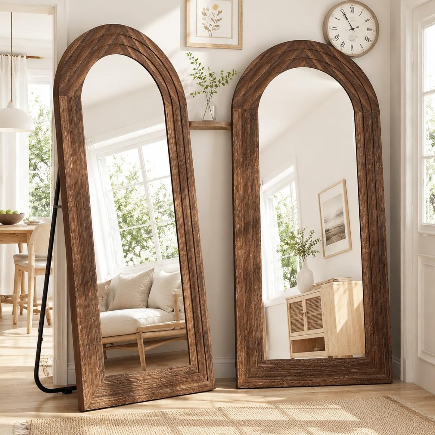 ZHUNFA Arched Full Length Mirror with Solid Wood Frame | 65x22 Farmhouse Wall Mirror Full Length with Stand, Vertical Hanging, Leaning Standing for Bedroom,Living Room, Rustic White