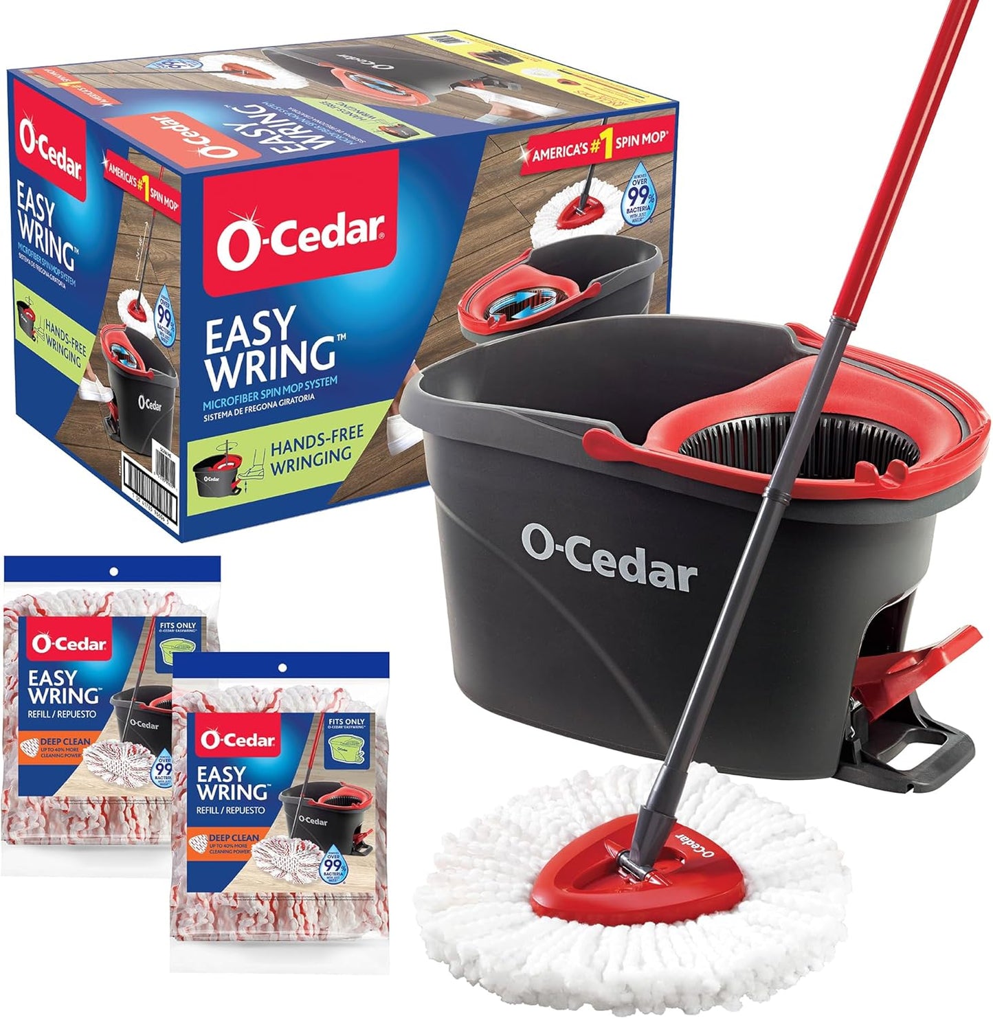 O-Cedar EasyWring Microfiber Spin Mop, Bucket Floor Cleaning System, Red, Gray, Standard