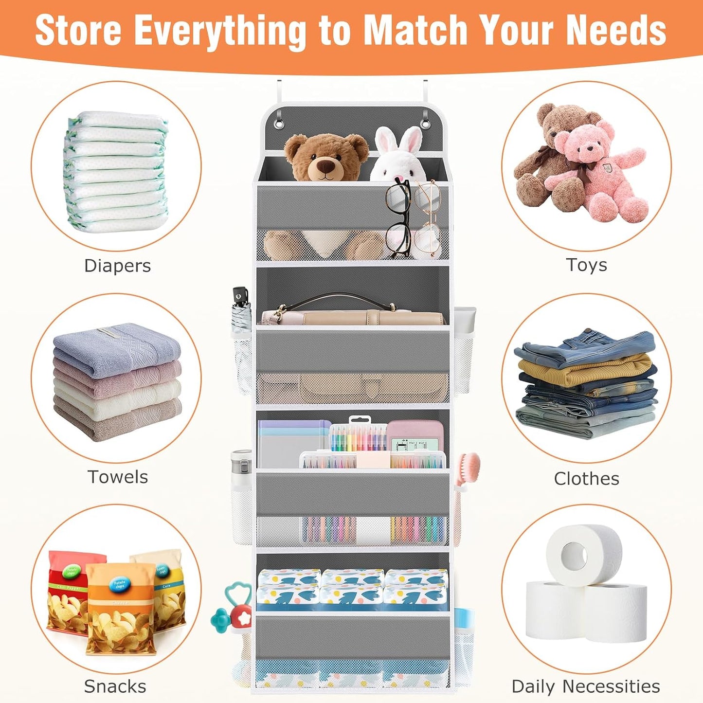 WISELIFE Over The Door Organizer Storage 4 Shelves Large Capacity Hanging Bedroom Storage Solution with 6 Side Pockets for Dorm Bathroom Pantry Nursery and Baby Essentials Holds up to 40 Lbs (Black)