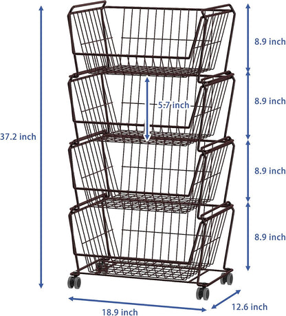 PUSDON 6-Tier Tall Stackable Wire Storage Baskets with Wheels, Vertical Metal Rolling Utility Cart, High Capacity Produce Basket for Kitchen Pantry, Snack Organizer, Matte Black