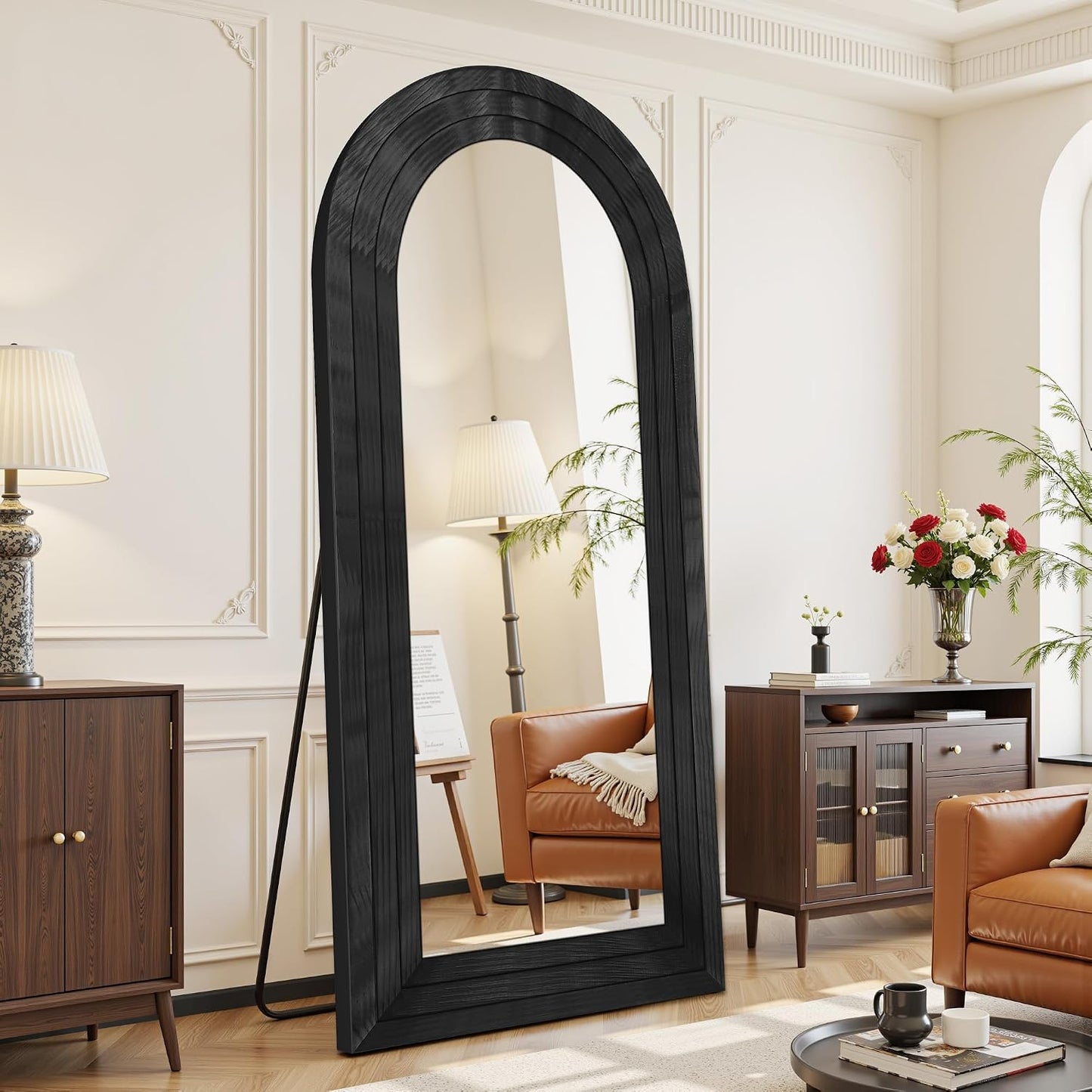 Antok Full Length Mirror with Solid Wood Frame, 71"×32" Wall Mounted Oversized Floor Mirror with Stand, Leaning Standing Hanging for Bedroom Living Room Entryway, Walnut, Arched Syle