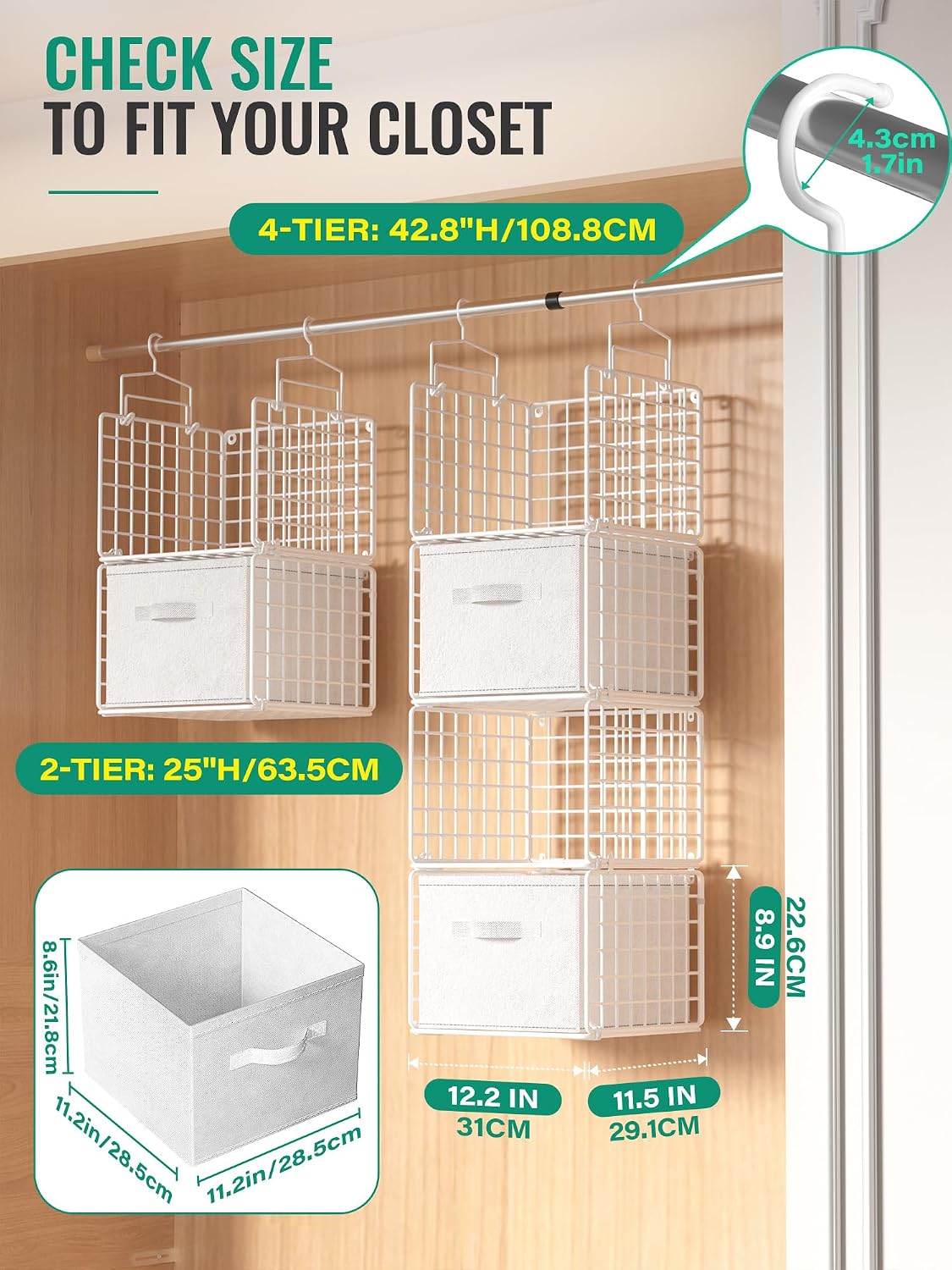 Hanging Closet Organizer, 4 Tier Metal Closet Organizers and Storage with 4 Hanging Hooks 4 S-Hooks for Wardrobe Laundry Room, Wire Storage Shelf for Clothes Sweaters Pants (White)