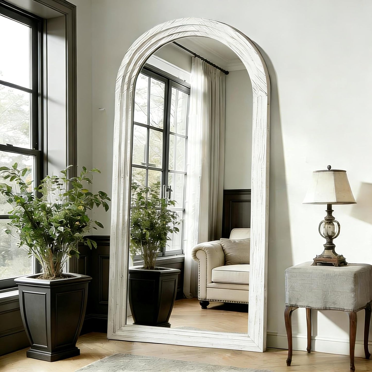 Full Length Mirror with Solid Wood Frame & Stand, 71"x32" Oversized Arched Floor Mirror, Charred Wood Finish Wall Mounted or Leaning Mirror for Bedroom Living Room, Burnt Brown