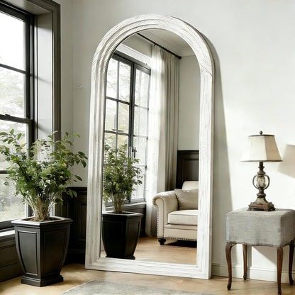 Full Length Mirror with Solid Wood Frame & Stand, 71"x32" Oversized Arched Floor Mirror, Charred Wood Finish Wall Mounted or Leaning Mirror for Bedroom Living Room, Burnt Brown