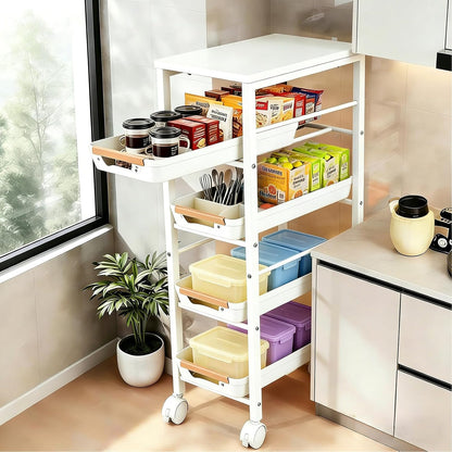 Slim Storage Cart with Wheels Pull-Out 5-Tier Rolling Storage Cart | narrow black 8.07in Wide, Mesh Baskets with Raised Edge, Wood-Grain Top, 360° Lockable Casters, Easy Assembly